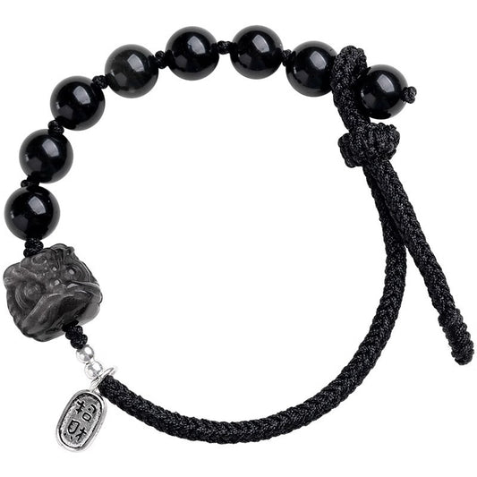 Natürliches Obsidian Löwentanz Armband｜Silberner Katzenanhänger｜Edles Schutzarmband｜Handgeflochtenes Energie-Accessoire obsidian natur naturally occurring obsidian