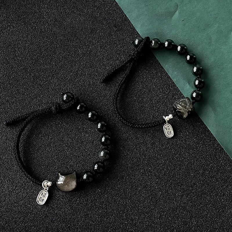 Natürliches Obsidian Löwentanz Armband｜Silberner Katzenanhänger｜Edles Schutzarmband｜Handgeflochtenes Energie-Accessoire obsidian natur naturally occurring obsidian