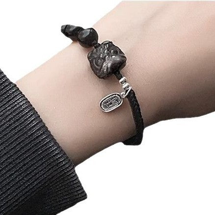 Natürliches Obsidian Löwentanz Armband｜Silberner Katzenanhänger｜Edles Schutzarmband｜Handgeflochtenes Energie-Accessoire obsidian natur naturally occurring obsidian