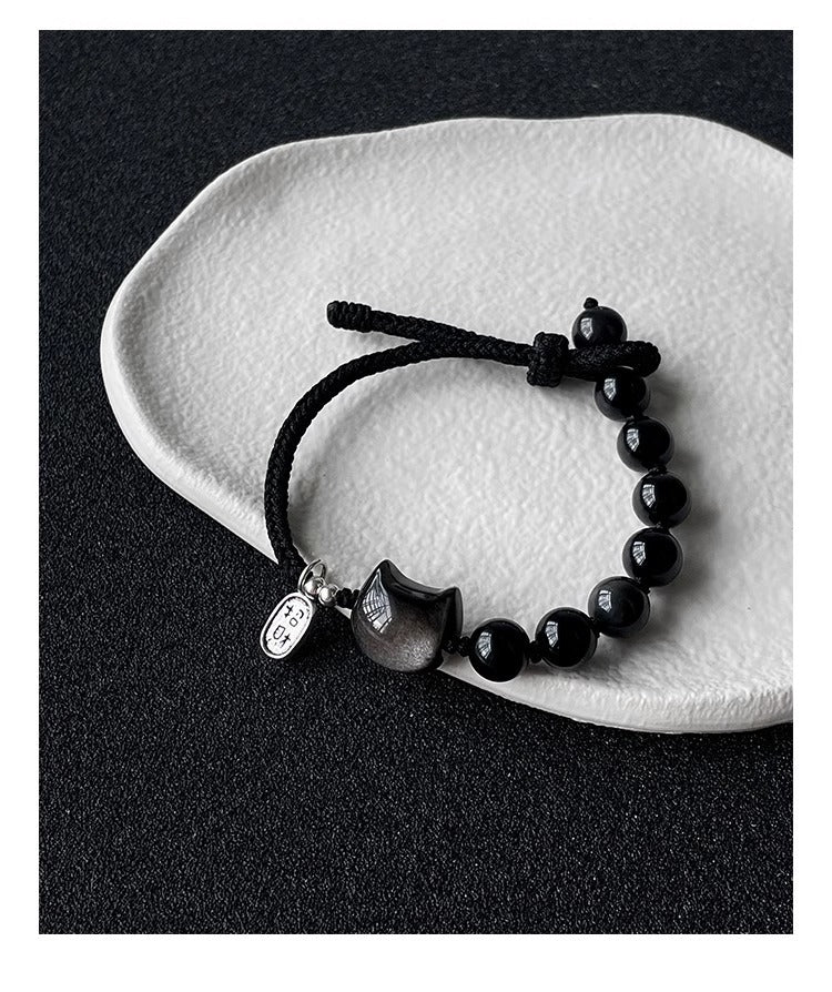Natürliches Obsidian Löwentanz Armband｜Silberner Katzenanhänger｜Edles Schutzarmband｜Handgeflochtenes Energie-Accessoire obsidian natur naturally occurring obsidian