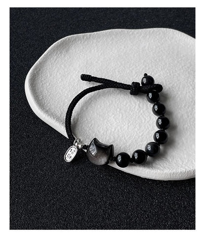 Natürliches Obsidian Löwentanz Armband｜Silberner Katzenanhänger｜Edles Schutzarmband｜Handgeflochtenes Energie-Accessoire obsidian natur naturally occurring obsidian