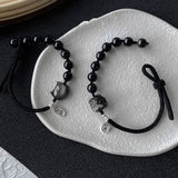 Natürliches Obsidian Löwentanz Armband｜Silberner Katzenanhänger｜Edles Schutzarmband｜Handgeflochtenes Energie-Accessoire obsidian natur naturally occurring obsidian