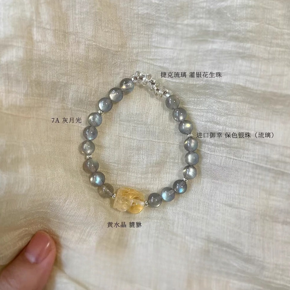 Natürlicher Graumond & Citrin Pixiu Armband Doppelte Reichtumsenergie