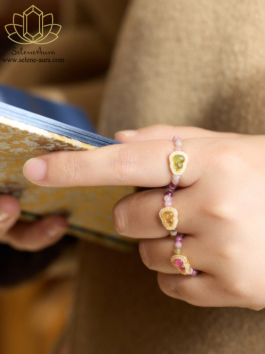 Buntes Turmalin & Perlen Ring Set  | S925 Goldplattiert |  Kristallring