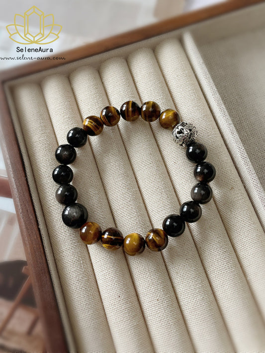 Natürliches Tigerauge & Silberobsidian Armband Mutschutz & Erdung SeleneAura