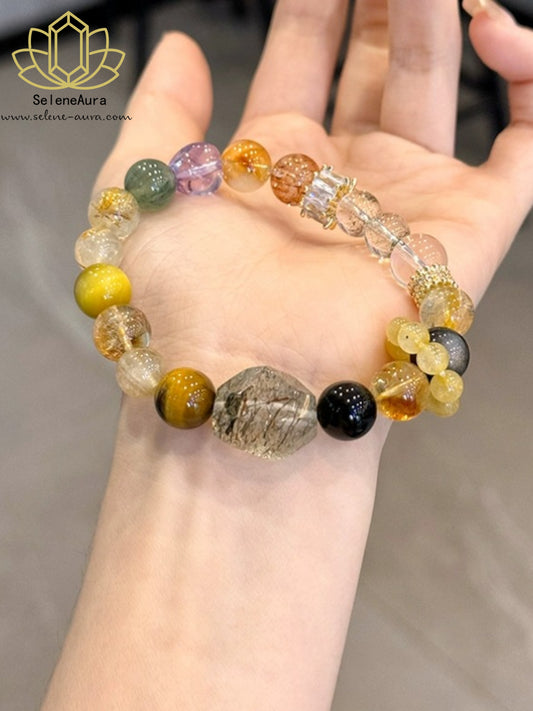 Schutz & Wohlstand Armband: Schwarzer Tigerauge, Goldrutilquarz & Grüner Phantomquarz Handgefertigt