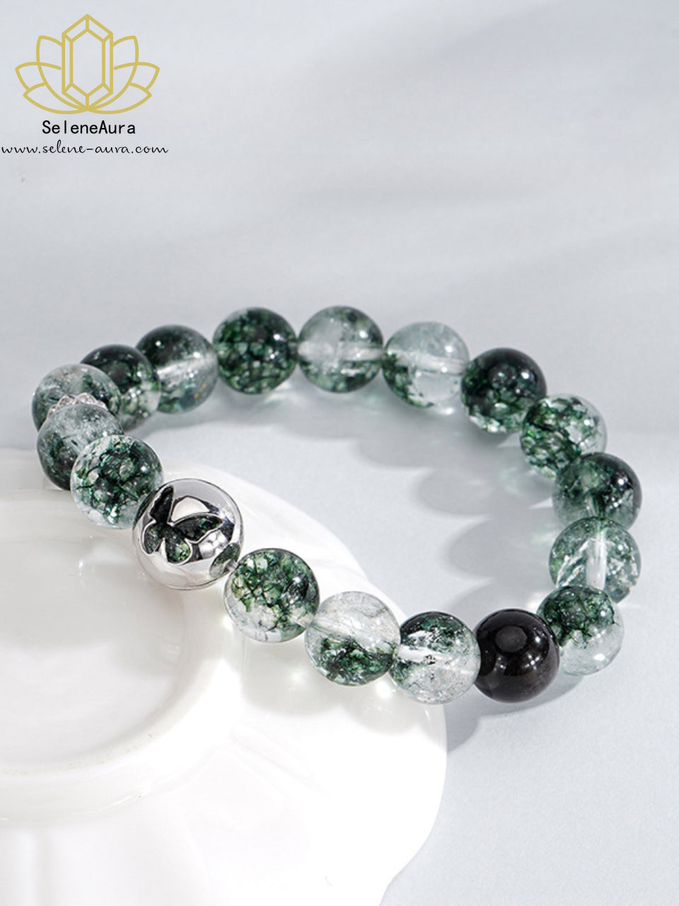 Grüner-Phantom Schmetterlings Armband | Eisklar Holz-Energie | S925 Silber-Obsidian