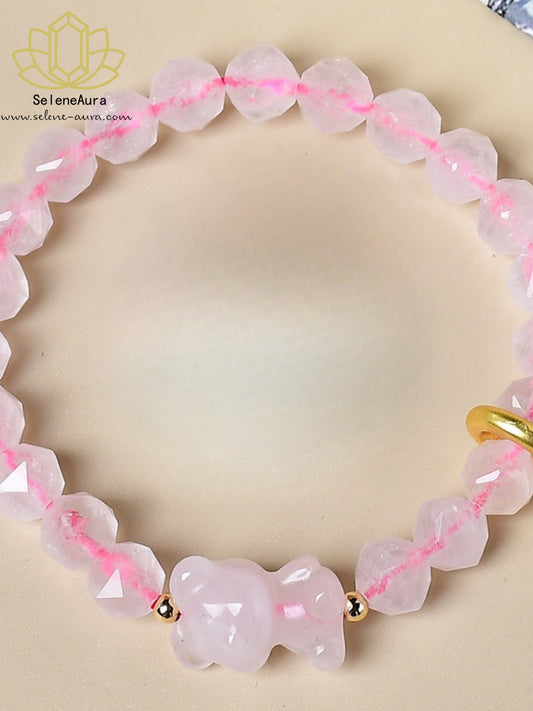 Rosenquarz Bären Armband - Facettiert  Handgefertigter Schmuck für Liebe & Harmonie