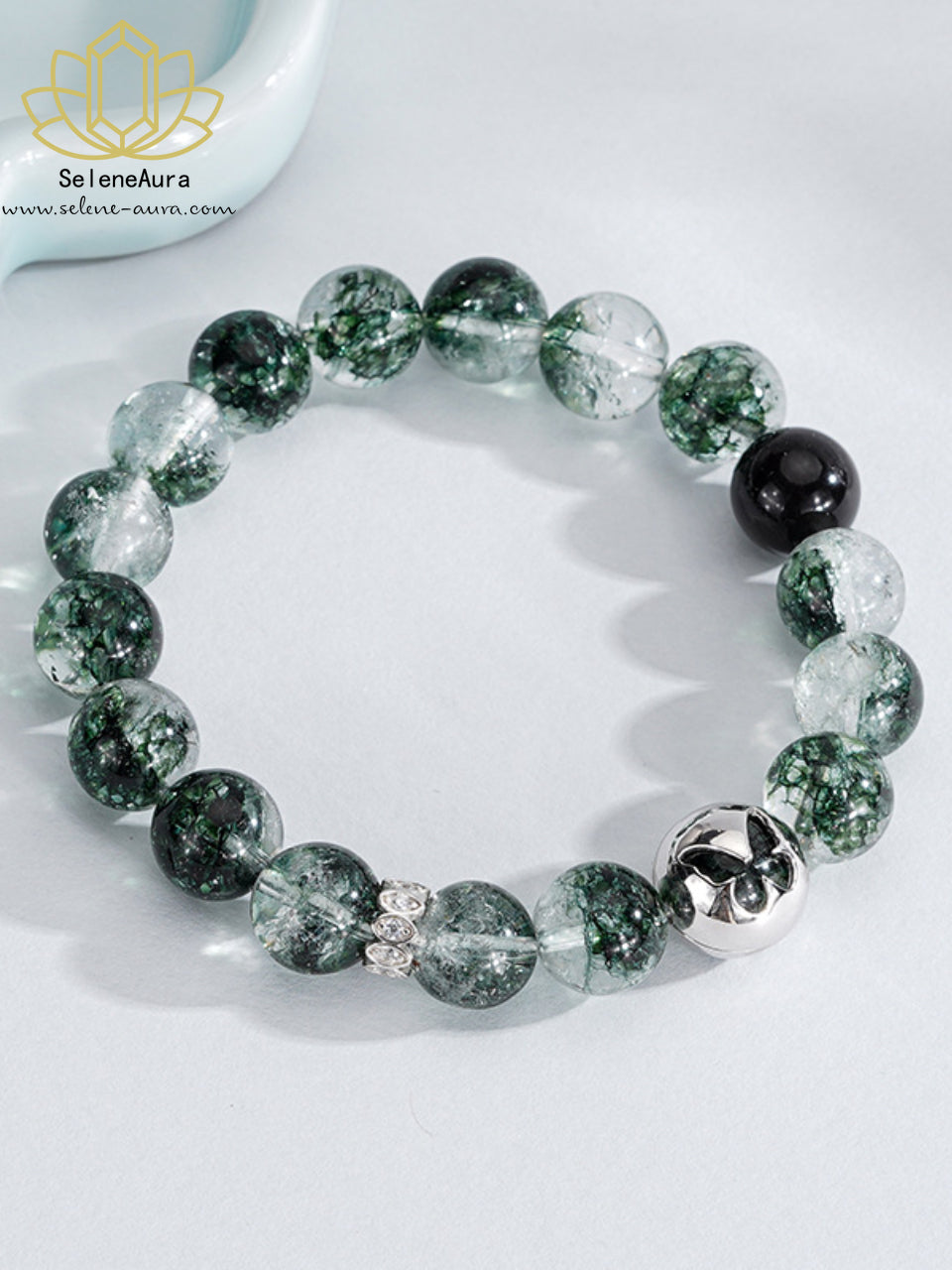 Grüner-Phantom Schmetterlings Armband | Eisklar Holz-Energie | S925 Silber-Obsidian