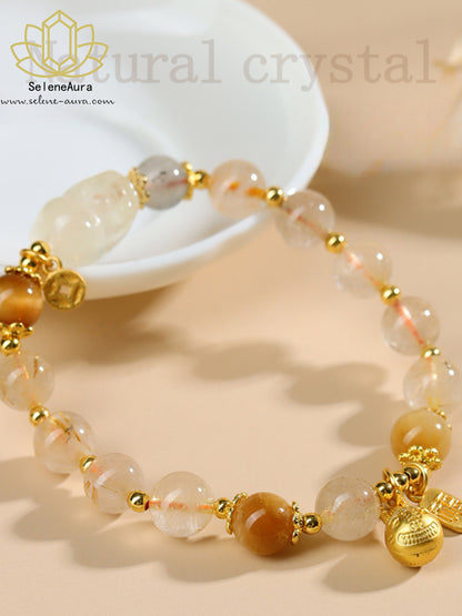 Goldener Pi Xiu Armreif｜Citrin & Rutilquarz｜Modernes Chinoiserie Design | Pi Xiu Armband