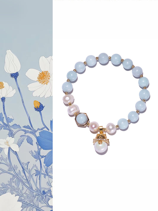 Natürlicher Aquamarin Armband｜Süßwasserperlen & Glückskatze｜Halschakra Heilung｜Vergoldet & Handgefertigt