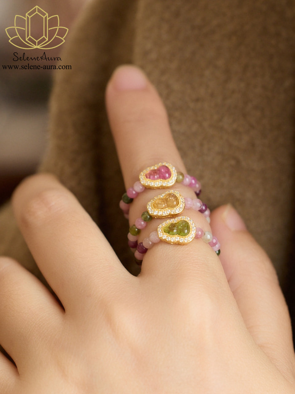 Buntes Turmalin & Perlen Ring Set  | S925 Goldplattiert |  Kristallring
