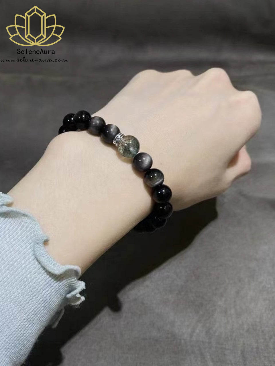 Schwarzer Obsidian + Phantom Quarz Armband