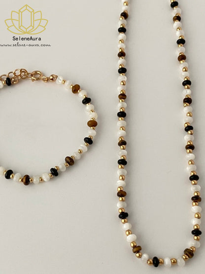 Tigerauge-Mutterperlmutt-Achat Perlenkette | Maillard Vintage Herbst/Winter | Energie Schmuck
