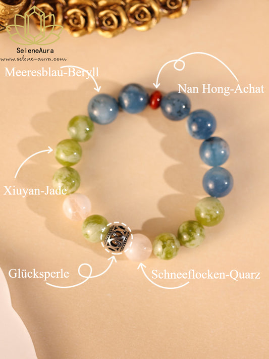 Xiuyan-Trauben Milchschaum Armband | Vintage Aquamarin Jahresenergie | Schneequarz & Nan Hong