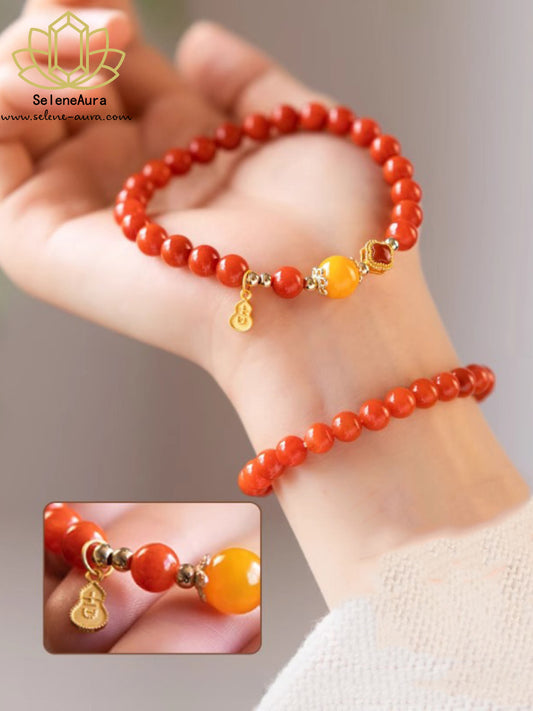 Nan Hong Armband | Satte Sichuan-Achat | S925 Klee & Bernstein Glücksperlen | Asiatisches Rotjuwel