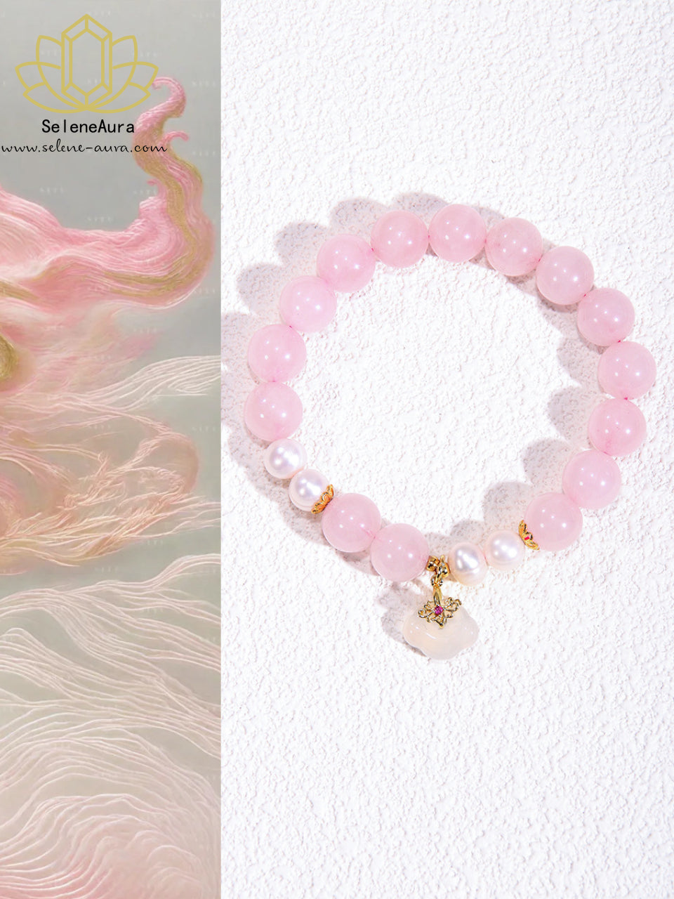 Natürliches Rosenquarz & Perlen Armband | Herzchakra-Energietrio | Glückssymbol Design