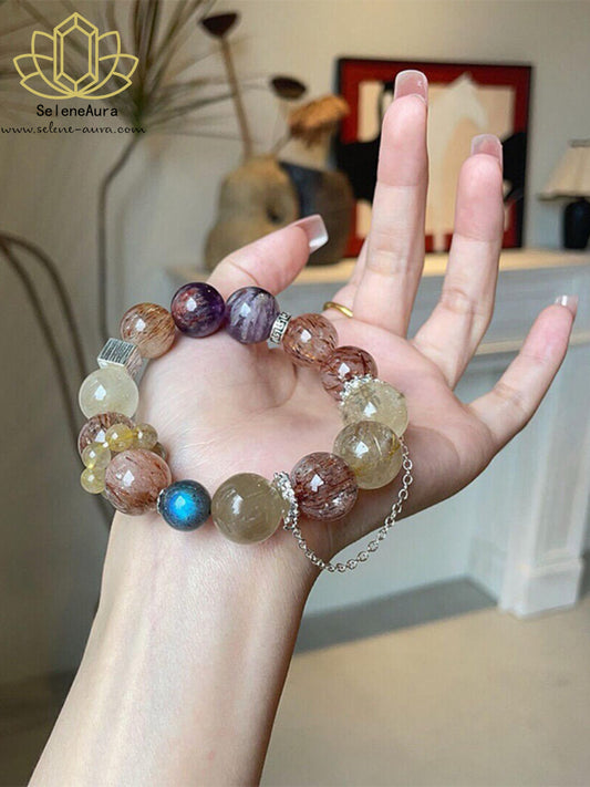 Natürlicher Amethyst Phantom & Mondstein Armreif Stärkend - Schwarzgold