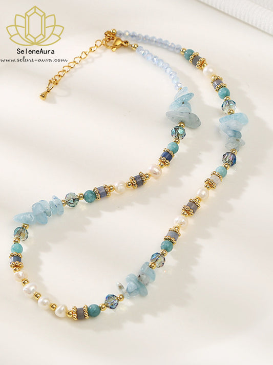 Meerjungfrau-Aura Armband & Halskette: Aquamarin, Blaue Kristalle, Barockperlen