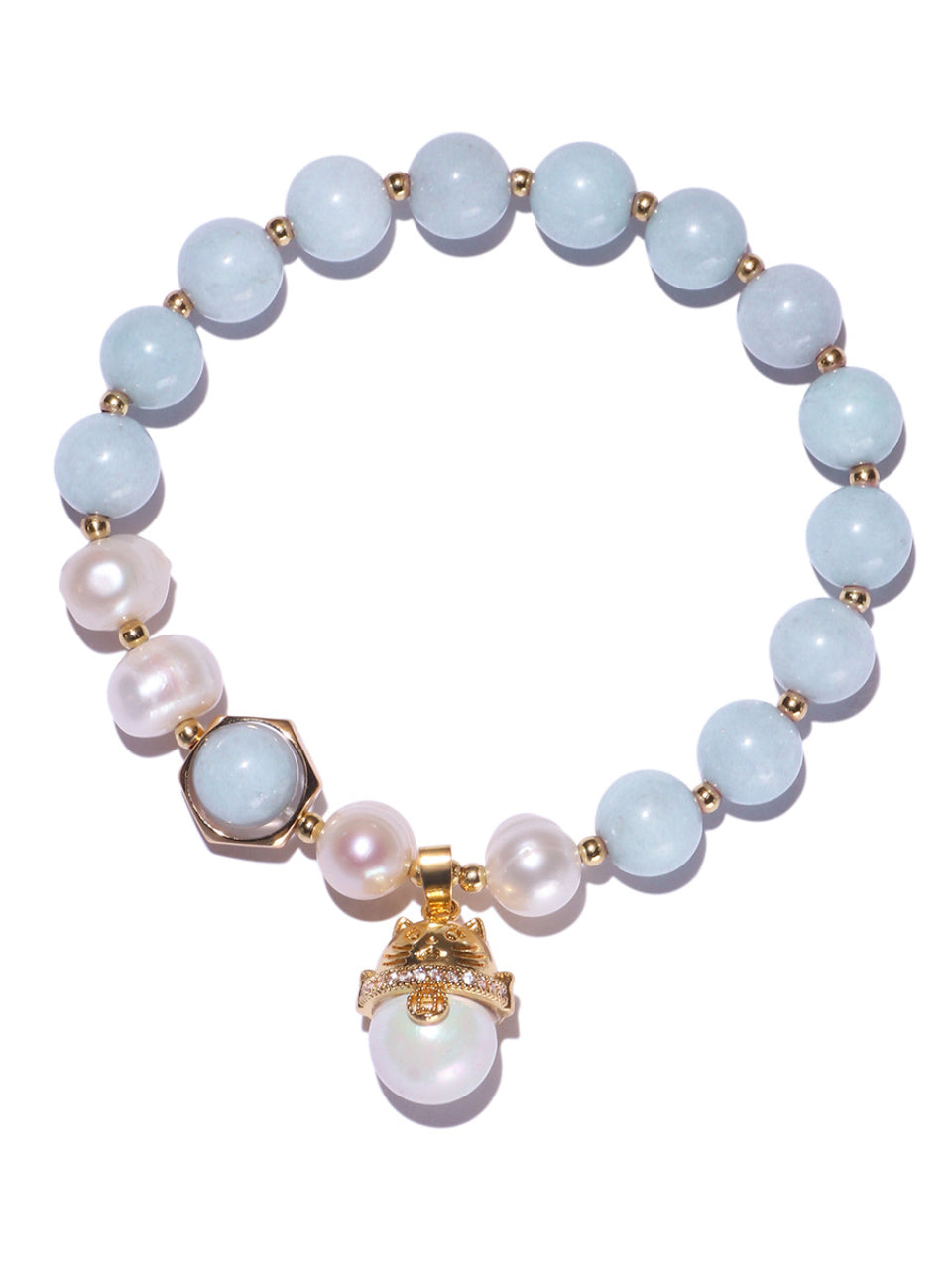Natürlicher Aquamarin Armband｜Süßwasserperlen & Glückskatze｜Halschakra Heilung｜Vergoldet & Handgefertigt
