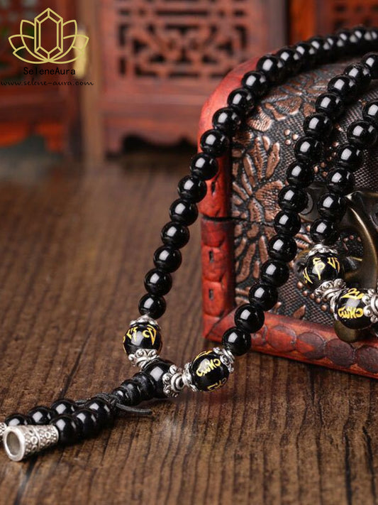 Schutz & Manifestation: 108er Obsidian Armband mit Tigerauge Mantra-Perlen