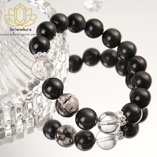 Natürlicher Obsidian Glücksperlen ArmbandPaar KristallschmuckOriginaldesign