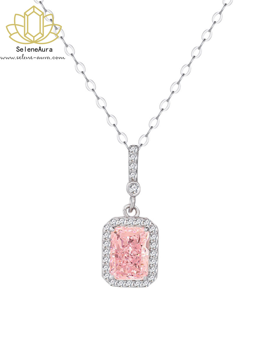 Rosenquarz Zuckerwürfel Parfümflakon Anhänger S925 Silber Rhodium Rosa Diamanten