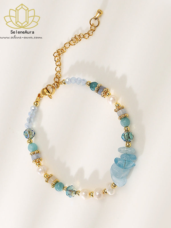 Meerjungfrau-Aura Armband & Halskette: Aquamarin, Blaue Kristalle, Barockperlen