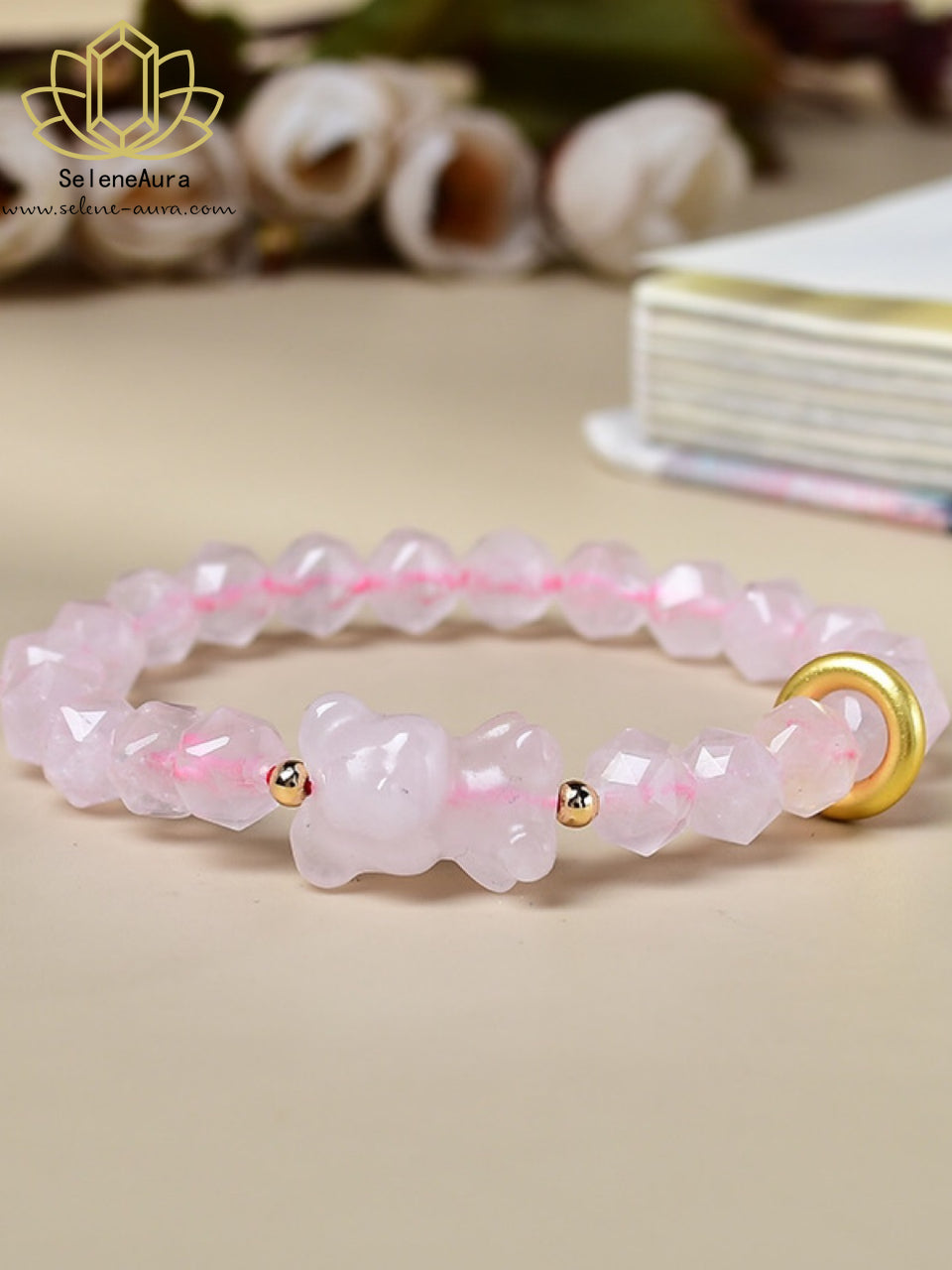 Rosenquarz Bären Armband - Facettiert  Handgefertigter Schmuck für Liebe & Harmonie